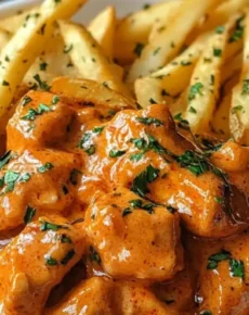 Butter Chicken mit Knoblauchsauce und knusprigen Pommes