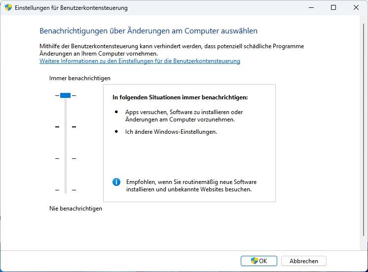 Bild 4: Stellen Sie die Benutzerkontensteuerung von Windows auf die maximale Stufe. Das erhöht den Schutz vor Angriffen