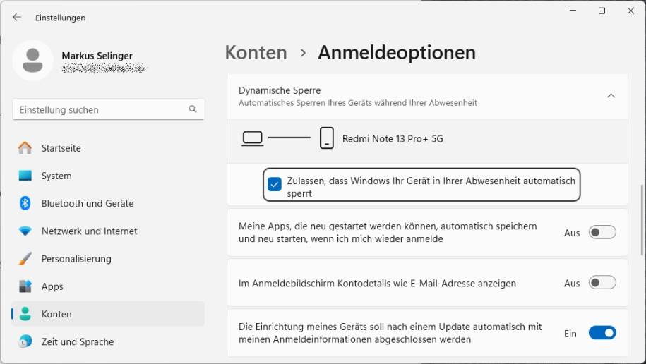 Bild 10: Unter Windows können Sie sogar ein per Bluetooth verbundenes Smartphone als Zugangsschlüssel nutzen