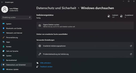 Bild 2: Im Menü «Windows durchsuchen» passen Sie die Indizierung an