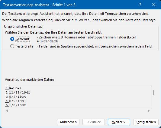 Wählen Sie beim Datentyp die Option «Getrennt» Der Textkonvertierungs-Assistent