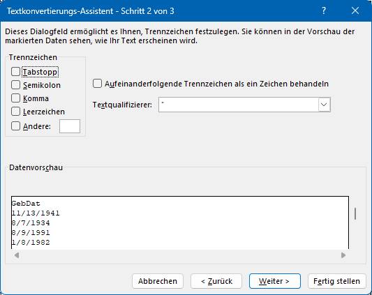Lassen Sie im zweiten Schritt die Trennzeichen einfach leer Die Angabe für die Trennzeichen, die Sie leer lassen müssen