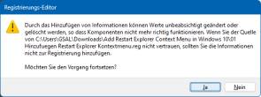 Eine der Rückfragen, die Sie mit Ja bestätigen Die Rückfrage, die um Bestätigung zum Registry-Import bittet