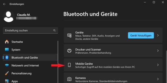 Bild 1: Zunächst muss man das Handy in den Windows-Einstellungen hinzufügen und diverse Berechtigungen erteilen