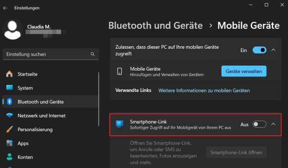 Bild 4: In den PC-Einstellungen für mobile Geräte sollte jetzt der Bereich Smartphone-Link erscheinen