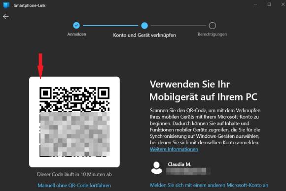Bild 2: Wer «Link zu Windows» noch nicht hat, kann die App per QR-Code herunterladen