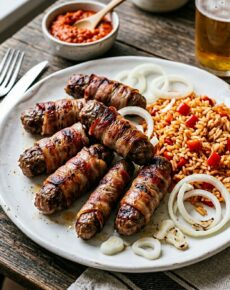 Cevapcici im Speckmantel und Djuvec-Reis