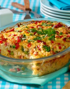 Schnell, einfach, lecker: Reisauflauf mit Schinken & Erbsen