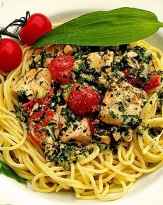 Wildlachs in Bärlauch-Sahne Sauce an Spaghetti